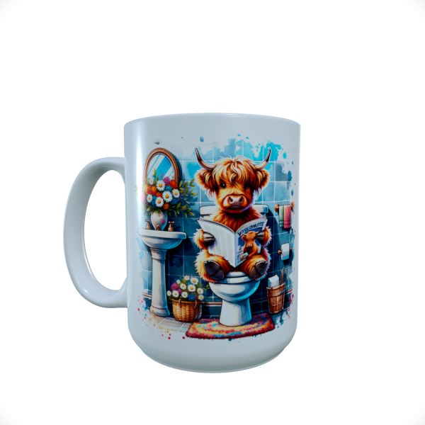 Funny Highland Cow sitting on Toilet ceramic mug